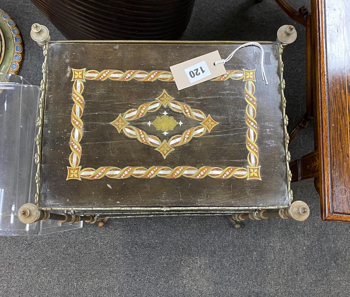 A late 19th century French brass and mother of pearl inlaid three-tiered etagere, width 35cm, depth 26cm, height 75cm